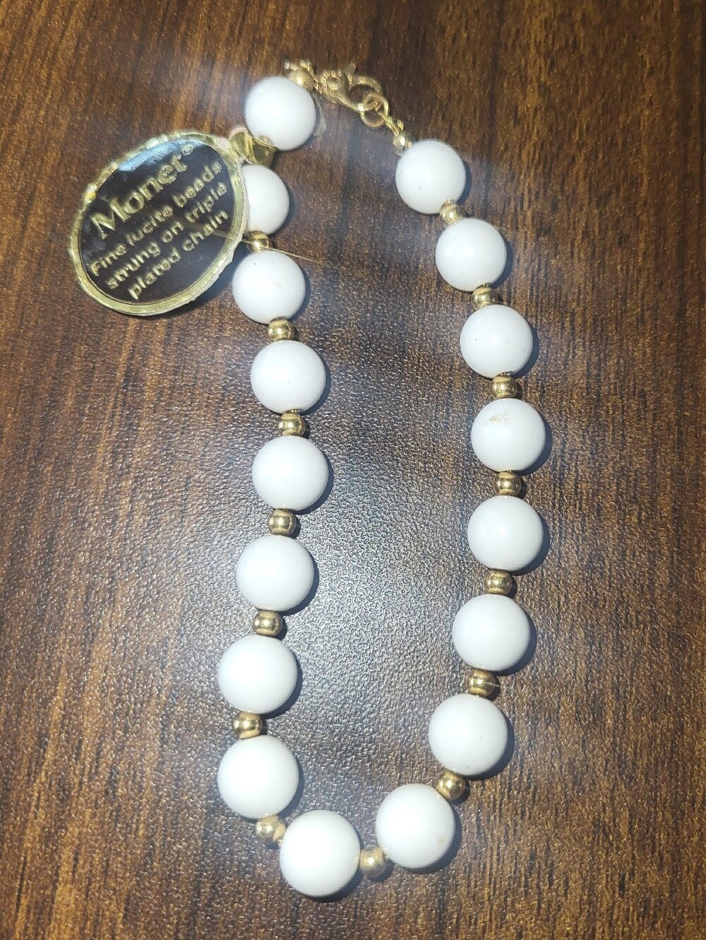 NWT Vintage Monet White Beaded Bracelet Triple Plated Gold Lucite